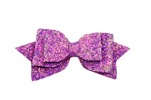 Detail of 5-inch purple glitter bow hair clip with shimmering multi-layer sequins
