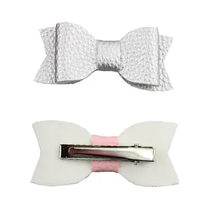 Silver glitter faux leather bow hair clip for girls with durable metal alligator clip