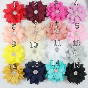 Set of 16 colorful chiffon fabric flowers with crystal centers for DIY garment accessories