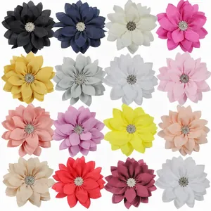Handmade Chiffon Fabric Flower With Rhinestone Center For DIY Garment Accessories Shoes Hats Decoration Pointed Lotus Patch