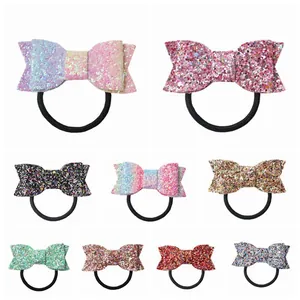Chouchous Noeud Papillon à Paillettes pour Enfants Filles Elastiques en Similicuir Brillant Porte Queue de Cheval pour Fête Quotidienne
