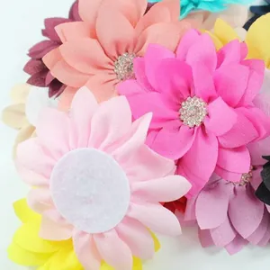 Multicolor chiffon fabric lotus flowers with rhinestone centers for DIY crafts and apparel
