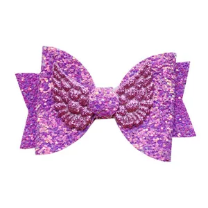Sparkly purple sequin bow hair accessory with pink glitter angel wings for girls