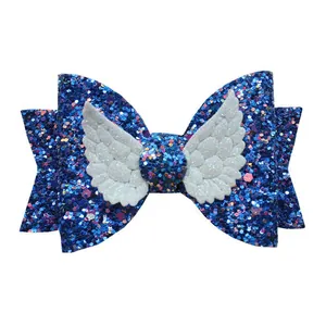 Sparkling dark blue glitter bow with white angel wings for hair accessories