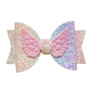 Glitter bow hair clip with pink angel wings and vibrant gradient sequins decoration