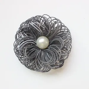 Handmade woven fabric flower with pearl center in silver-grey for DIY fashion accessories