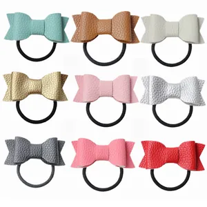 PU Leather Bow Hair Ties For Girls Litchi Texture Elastic Hair Bands Cute Bowknot Scrunchies For Kids Daily Accessories