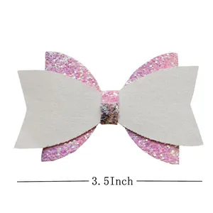 3.5-inch glitter angel wing bow hair clip with pink sequins and grey faux leather
