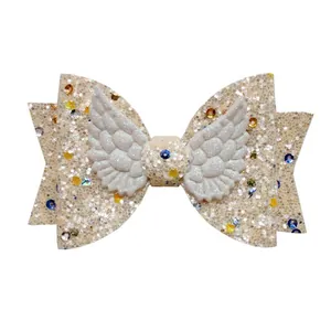Pince à cheveux nœud pailleté avec ailes d'ange blanches et sequins pour filles