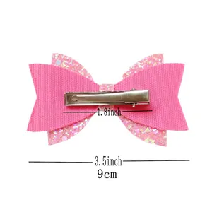 Barrette nœud rose pailleté de 9 cm avec pince crocodile argentée pour petite fille