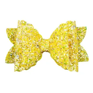 Sparkling yellow sequin bow hair clip with double-layer design for kids' accessories
