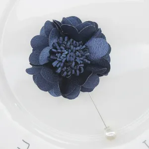 Elegant navy blue fabric flower long brooch with pearl detail for women's formal dresses