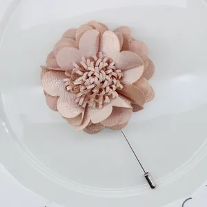 Elegant handmade champagne satin flower brooch with pearls and long metal pin for women