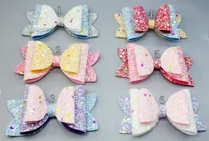 Detailed grid of six glitter bow hair clips in various bright macaron colors for girls