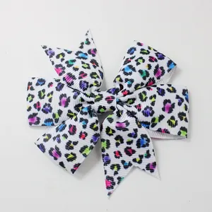 Fermaglio per capelli con fiocco leopardato colorato per bambine in nastro grosgrain