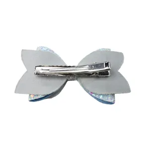 Pince à cheveux nœud avec paillettes bleues, couches de tissu et clip crocodile en métal