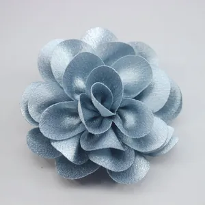 Handmade dusty blue chiffon fabric flower with layered petals for apparel and hair decor
