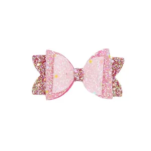 Glittery pink glowing bow hair clip for children's DIY crafts and shoe decoration