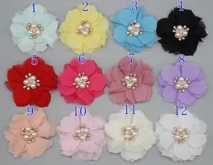 Grid view of 12-color 6cm chiffon fabric flowers with pearl and rhinestone centers