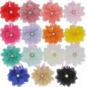 Set of 15 colorful chiffon flower accessories with pearls and rhinestones for DIY crafts
