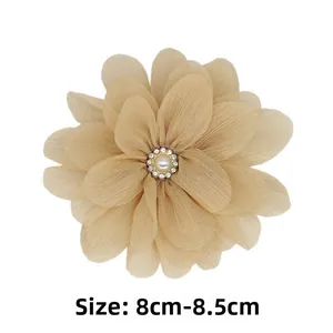 Close-up of handmade chiffon flower accessory with pearl and rhinestones, size 8cm-8.5cm