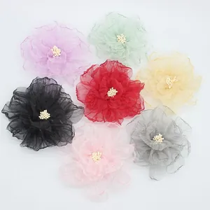 Set di 7 fiori di peonia in organza fai-da-te colorati con stami di perle per accessori