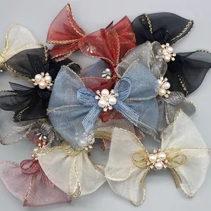 Accessorio Fai da Te Fiocco in Organza Con Bordo Dorato Perla Sintetica Strass Decorazione a Fondo Piatto per Abbigliamento Borse Gioielli