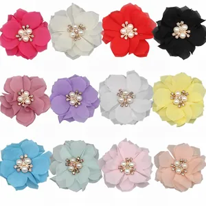 Handmade Chiffon Flower Accessory With Faux Pearl Rhinestone For Kids Hair Clips Brooches DIY Clothing Decoration Floral Craft