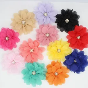Handmade chiffon fabric flowers with pearl rhinestone centers in 12 vibrant colors