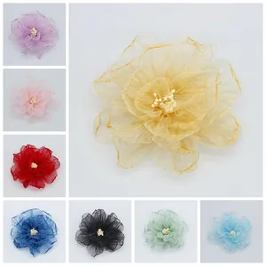 Fiori di peonia fai-da-te 9cm in organza con bordi bruciati per scarpe e cappelli