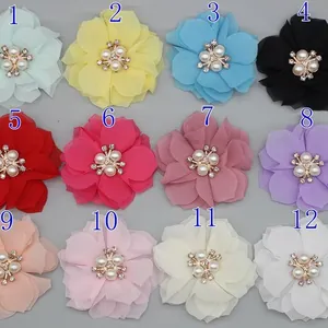Chiffon fabric flowers with pearl rhinestone center in twelve diverse colors for DIY crafts