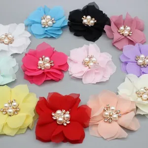 Handmade 6cm chiffon flowers with pearls and rhinestones in eleven vibrant colors