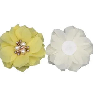 DIY chiffon fabric flowers with pearl rhinestone center for hair accessories and shoes