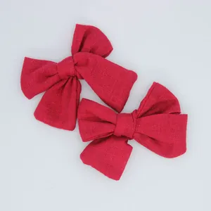 Pair of deep red handmade cotton linen bow hair clips for baby girls hair accessories