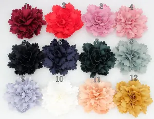 Matrix display of 12 colors of 7cm handmade pleated satin fabric flowers for DIY crafts