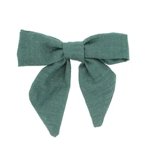 Fiocco per capelli minimalista verde bosco in cotone e lino con nastri lunghi