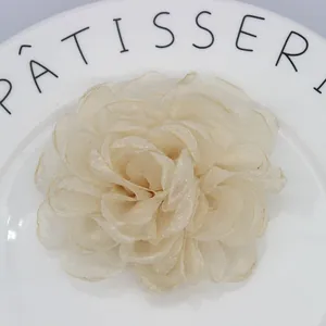 Detailed macro view of champagne organza flower hair clip on a white ceramic plate