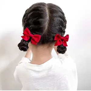 Paire de barrettes à cheveux nœud en satin rouge brillant pour filles sur tresses fond blanc