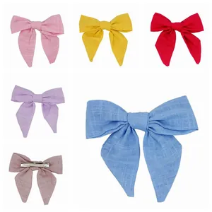 Simple Fresh Cotton Linen Bow Hair Clip With Long Swallowtail Streamers Sweet Solid Color Duckbill Clip For Girls Hair Accessories