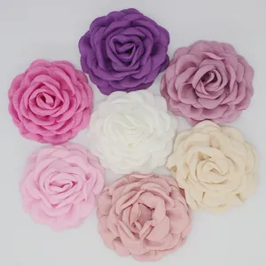 Top view of seven colorful 9cm chiffon rose flower heads for DIY hair accessories