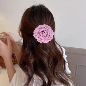 Vue arrière d'un mannequin portant une grande pince à cheveux rose poudré au décor intérieur