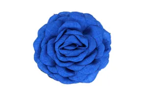 Close-up of royal blue fabric flower hair clip with layered peony and camellia petals