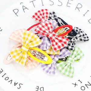 Lindas pinzas de pelo con lazo de cuadros para niñas, set de horquillas de tela en un plato