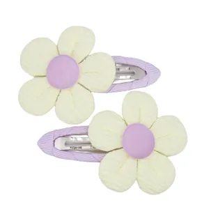 Set of two yellow fabric sunflower hair clips for girls with purple wrapped metal clips