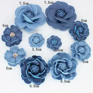 Handmade denim camellia flowers in blue shades with multiple sizes from 3.5cm to 7.5cm