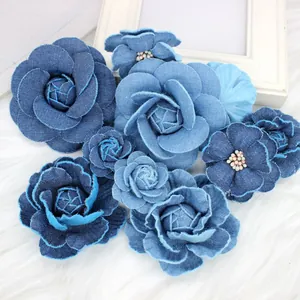 Handmade denim fabric camellia and rose flower set for DIY fashion accessories