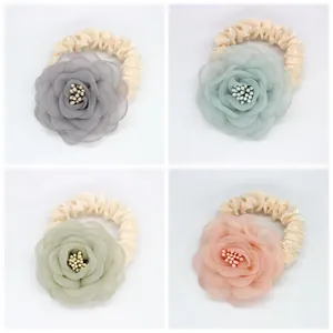 Chouchou Fleur Camélia Style Français Organza Fait Main Floral Élastique Cheveux Élégant Perles Support Queue de Cheval Femme Accessoires de Mode