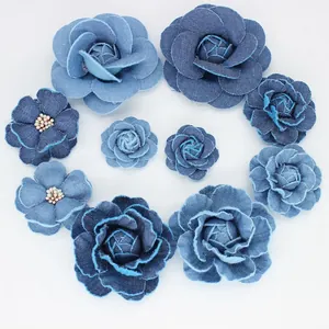 Handmade Denim Fabric Camellia Flower Rose DIY Accessory For Clothing Hair Jewelry Making Vintage Blue Denim Flowers