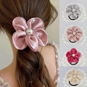 Floral satin hair scrunchies with faux pearl center in multiple color options