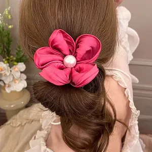 Elegant Satin Large Flower Scrunchie With Artificial Pearl For Women Elastic Hair Tie Sweet Ponytail Holder Hair Accessories